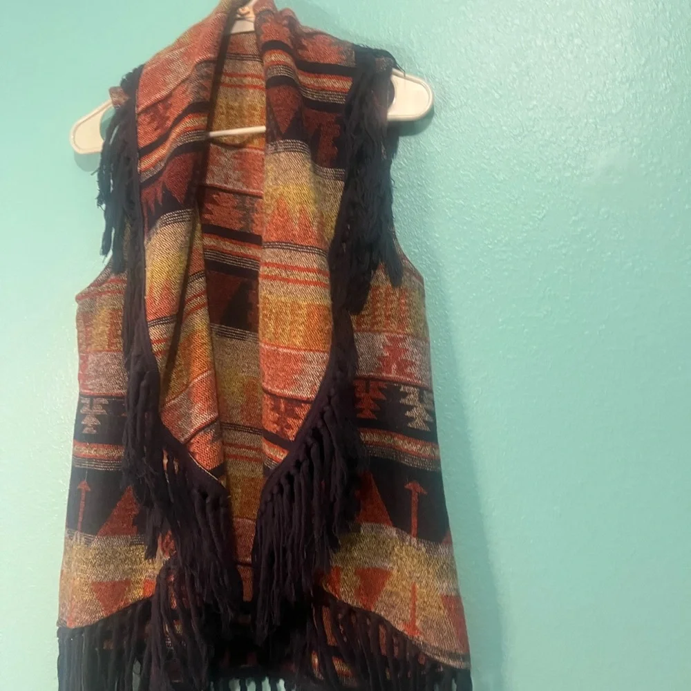 Boho Fringe Aztec Pattern Vest in Rust and Black